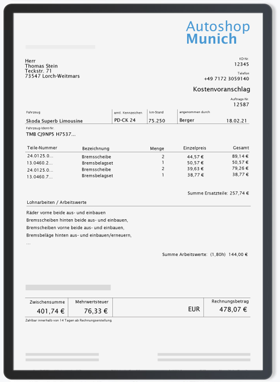 CarKit24 Kostenvoranschlag Werkstatt